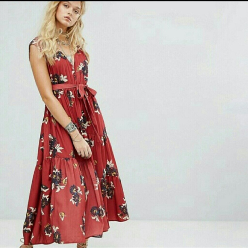Free People All I Got Red Floral Maxi Dress 6